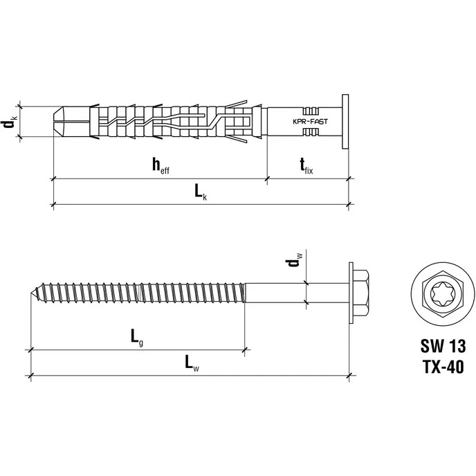 Kołki ramowe rozporowe 12x300 mm łeb sześciokątny gniazdo TX (20 szt)