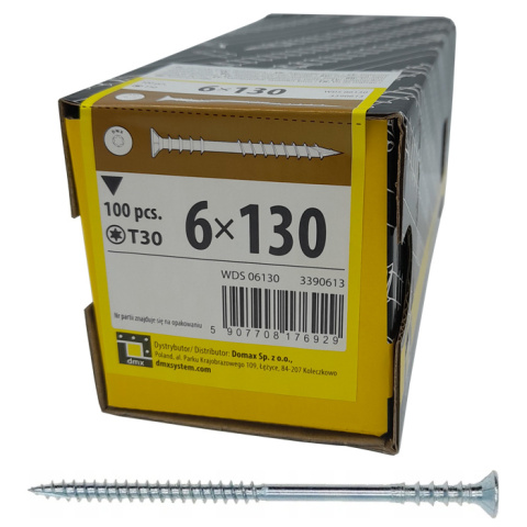Wkręty ciesielskie dystansowe DMX łeb stożkowy 6x130 mm (100 szt) Wkręty ciesielskie dystansowe DMX łeb stożkowy 6x130 mm (100 szt)